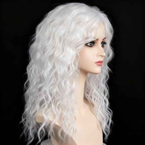 White Curly Wigs with Bangs for Women Long Soft Curly Wavy Wigs Natural Synthetic Hair Party Halloween Costume Cosplay Wigs