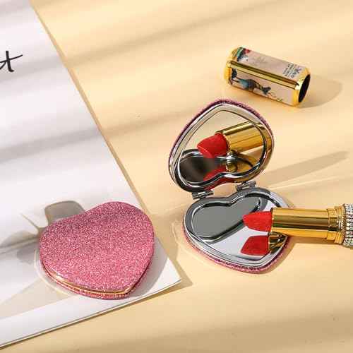 6 Pack Sparkly Pokect Heart Mirror Travel Compact Magnifying Folding Mirror for Purse Mini Vanity Cosmetic Lashes Makeup Double-Sided Cute Glitter Pink