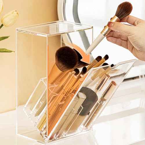 Makeup Brush Holder, Clear Make Up Brush Holder Organizer with 17 Slots, Tilt Open Large Makeup Brush Holde with Lid, Acrylic Makeup Organizer for Vanity Decor Office Home