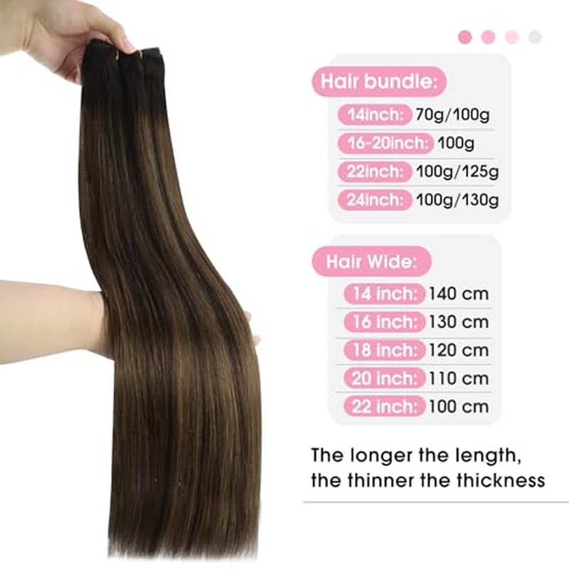 YoungSee 18 Inch Weft Hair Extensions Balayage Human Hair Weft Extensions Dark Brown Mix Medium Brown Highlights Sew in Hair Extension Real Human Hair for Women 100G