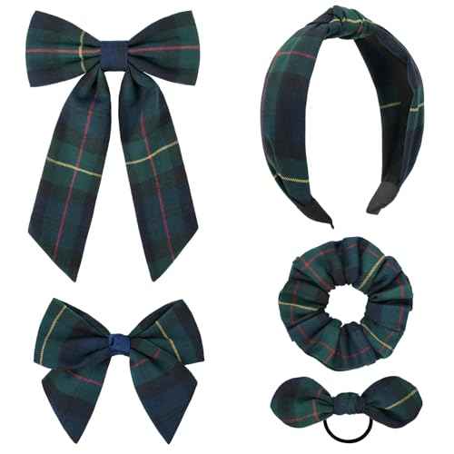 DEEKA 5 Styles Uniform Plaid Long Tail Hair Bows Knotted Headband Scrunchies Bow Set Alligator Clips Back to School Accessories for Toddler Little School Girls (Dark Green, Navy, Red&Yellow 5 Styles)