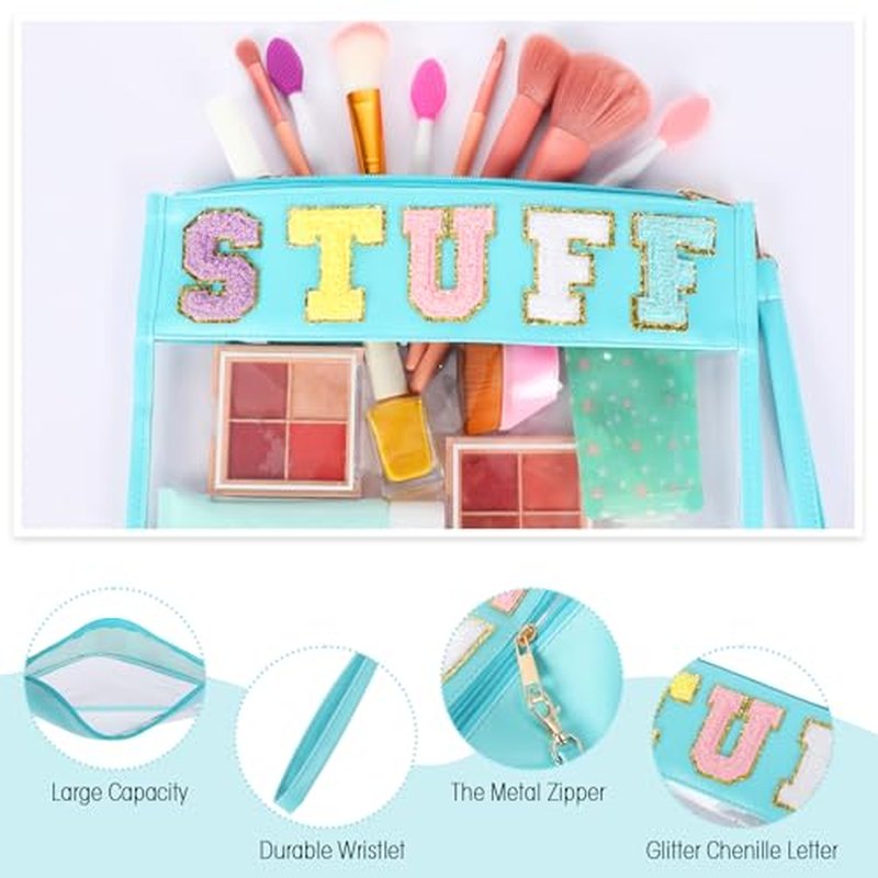 Nuanchu 9 Pcs Clear Chenille Letter Bag Stuff Pouch PVC Waterproof Preppy Cosmetic Makeup Bag Snack Travel Beach Pouch with Wrist Let for Teen Women Gifts Operation Christmas Thanksgiving Gifts Items