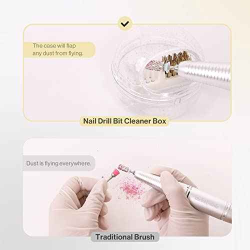 MelodySusie Nail Drill Bits Cleaner Brush Case Accessories with Clear Cover for Cleaning Tungsten Carbide Ceramic Nail Drill Bits Cuticle, Steel Wire & Nylon Double Brush - White