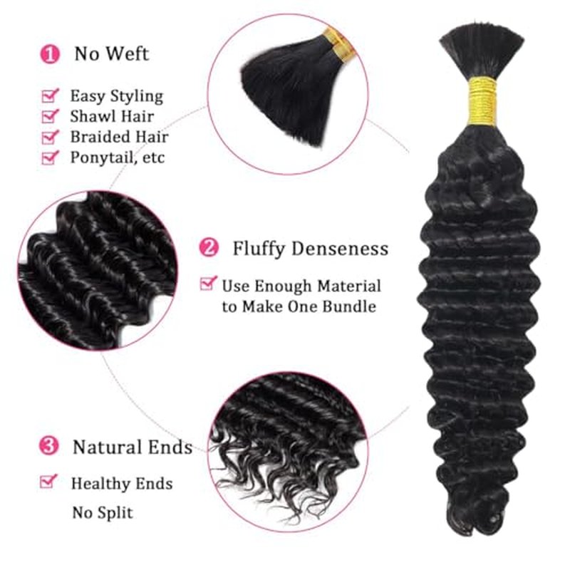 Human Hair Braiding Hair 50g 26 Inch Deep Wave Bulk Human Hair for Braiding No Weft Bundle 100% Brazilian Virgin Curly Human Hair Extensions for Boho Braids Wet and Wavy Human Braiding Hair