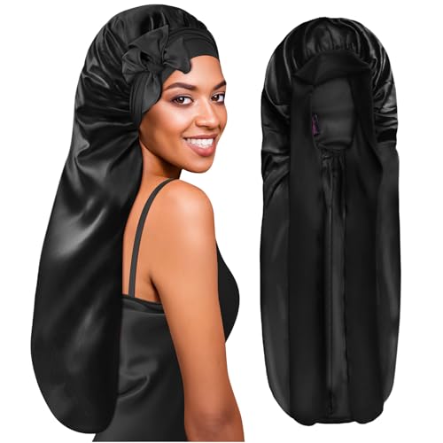 BONNET QUEEN Braid Bonnet Silk Bonnet Foldable Extra Long Wrap for Braids Satin Bonnets with Tie Band Long Sleep Cap, Black