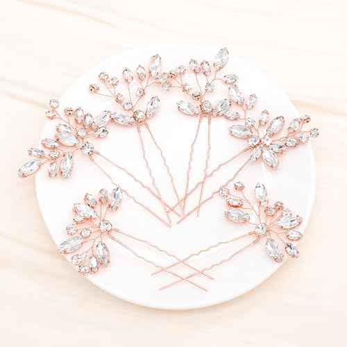 Oriamour Bridal Wedding Crystal Hair Pins Wedding Hair Accessories for Women and Girls Pack of 6 (Rose Gold)