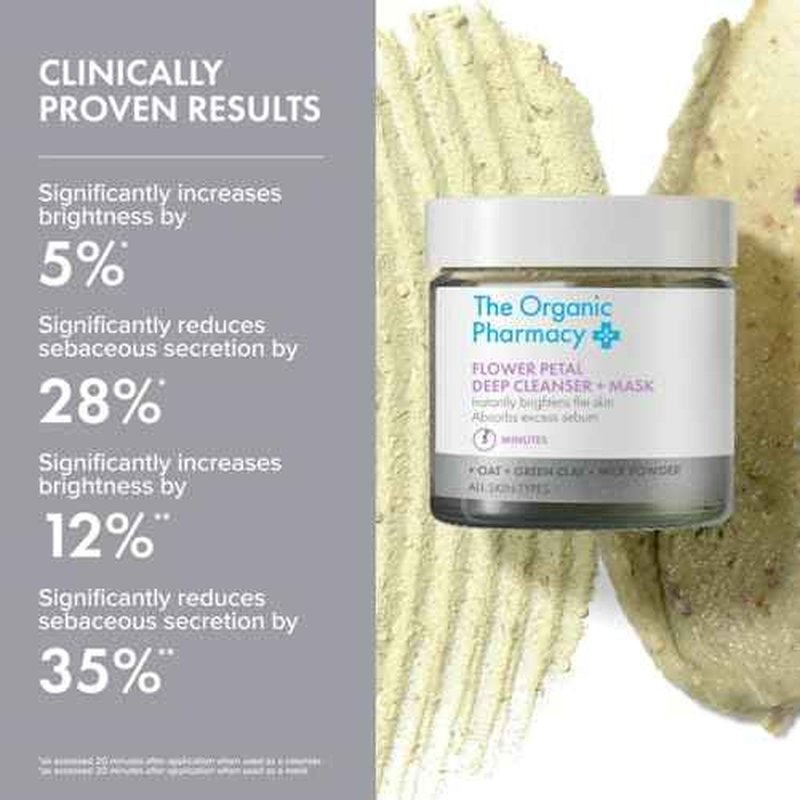 The Organic Pharmacy Flower Petal Deep Cleanser + Mask, 40ml, Natural Mineral Face Cleanser, With Oats & Green Clay, All Skin Types