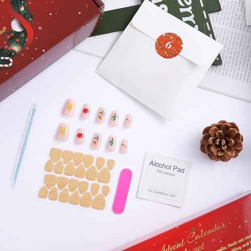 Press on Nail Set 2025 Christmas Advent Calendar 12 Day French Tip Almond Cat Eye Reusable False Nail Xmas Gift for Women New Year M