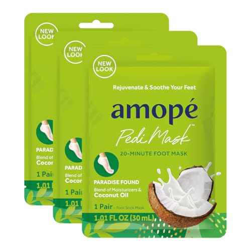 Amop? Pedi Mask 20-Minute Foot Mask, Intensely Moisturizing Socks, Paradise Found with Coconut Oil, Urea & Vitamin Complex for Long Lasting Hydration, No Added Fragrance, 3 pair (Packaging May Vary)
