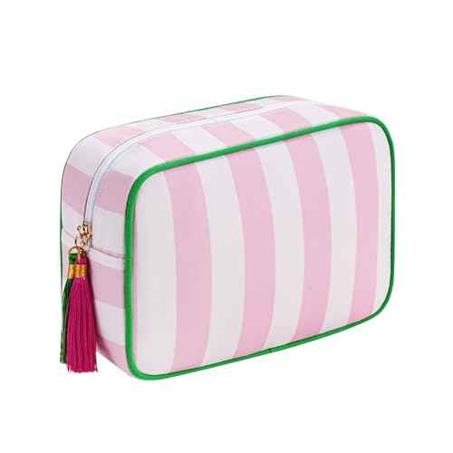 Large Stripe Canvas Zipper Makeup Bag,Aesthetic Tassel Travel Cosmetic Bag,Coquette Toiletry Bag, Girls Handbags Purses,Accessories Storage Bag for Women Girls (Pink)