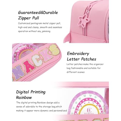 MONSTINA Snack Bag Clear Pouch Makeup Travel Toiletry Bag,Waterproof Clear Embroidery Letters Cute Digital Printing Rainbow Cosmetic Tote Bag for Women Girls,PU Leather Pink