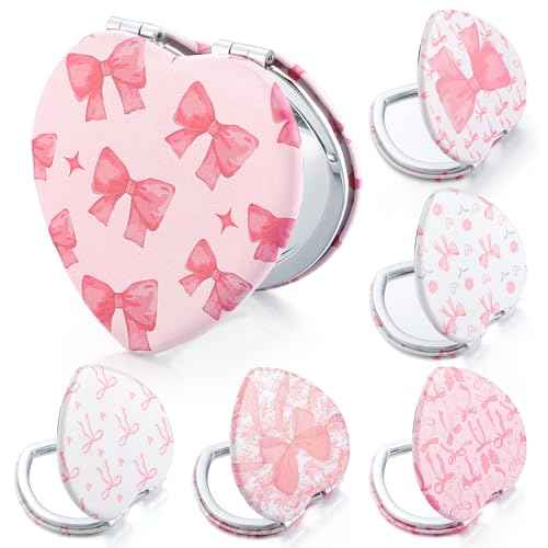 Chunful 6 Pcs Coquette Pink Bow Party Favors for Girls Heart Shaped Compact Mirror Bulk 1x/2x Magnifying Portable Makeup Double Sided Travel Mirror Preppy Back to School Gifts