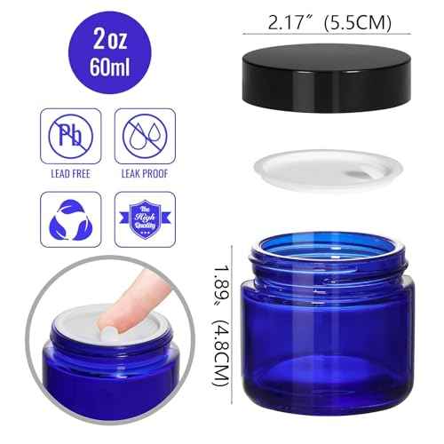 24 Pack 2 oz Round Blue Glass Cosmetic Jars with Inner Liners and Black Lids, Travel Jars, Refillable Containers for Makeup, Cream, Lotion, Sugar Scrubs, Eye Shadow, Slime, Paint, Jewelry