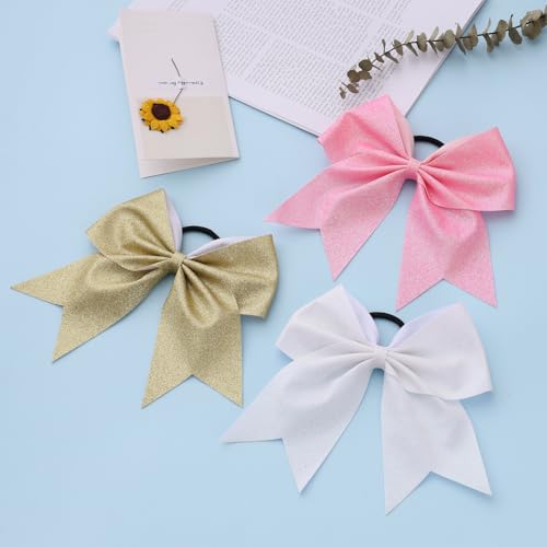 16 PCS Large Glitter White Cheer Hair Bows, Shiny Cheerleading Bows Ponytail Holder for Cheerleader Girls Softball Sports and Christmas Tree Decor (Glitter White)