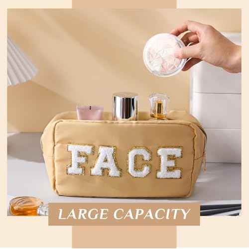 Remerry 4 PCS Nylon Cosmetic Bags Waterproof Spacious Travel Makeup Organizer for Women Chenille Letter Preppy Zipper Pouch Face Stuff Skin Hair Organizer Gift(Light Brown, Beige, Light Pink, White)
