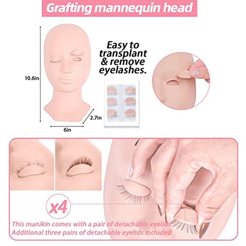 Lash Extension Kit Professional Eyelash Extensions Practice Set with Mannequin Head Removable Eyelids USB Lash Fan Individual False Eyelash Shampoo Brush Glue Practical Tools for Beginners