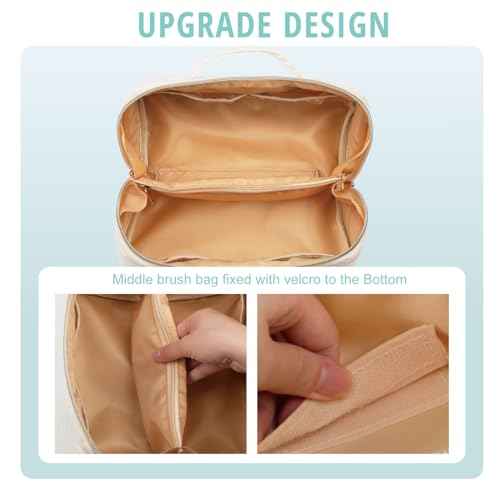 Makeup Bag Cosmetic Bag, Large Capacity Travel Makeup Bag for Women with Portable Pouch Open Flat Water-resistant Toiletry Organizer Bag with Handle (Beige)