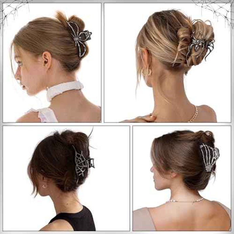 Obeoby 4 Pcs Metal Hair Clips for Women, Large Hair Claw Clips for Thick Long Hair Styling with Spider Webs Skeleton Decor, Goth Accessories Stocking Stuffers Halloween Christmas Gifts (Black)