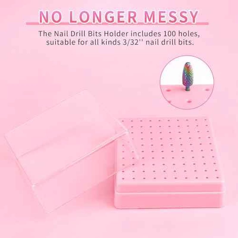 Nail Drill Bits Holder & Nail Drill Bits Cleaning Brush, 100 Holes Nail Bit Holder, Dustproof Nail Art Drill Bits Display Storage Box, Nail Drill Bit Holder for Nail Tech (Pink)