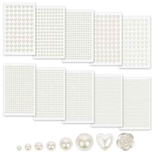 3701PCS Pearl Stickers Pearls for Crafting - Self Adhesive Pearls for Hair Face Makeup Eye Nail Crafts, Stick On Gems (White, Assorted Sizes)