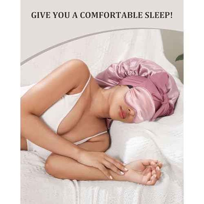 AWAYTR Long Hair Bonnet for Sleeping - Double Layer Long Elastic Tie Band Satin Bonnet for Women with Sleep Eye Mask (Rose Gold)