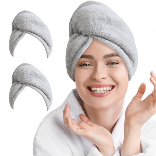 2 Pack Microfiber Hair Towel Wrap for Women Super Absorbent Quick Dry Hair Turban for Drying Curly, Long & Thick Hair 10 inch X 26 inch Lightgrey+Lightgrey
