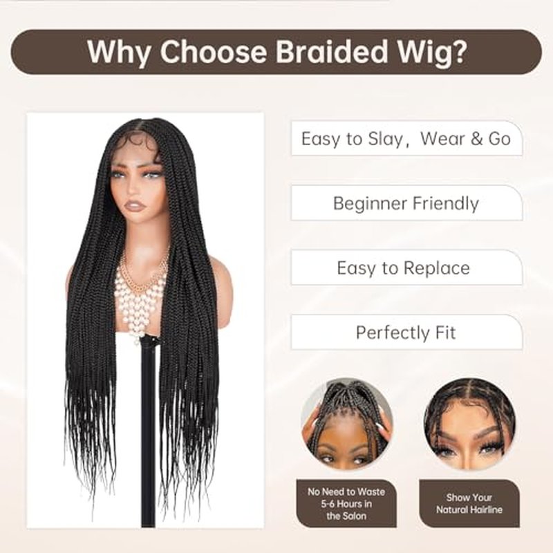 Box Braided Wig Full Double Lace Glueless Braids Wig with Baby Hair Human Hair Blended Synthetic Black Braided Wig for Black Women (1B, 30 Inch)