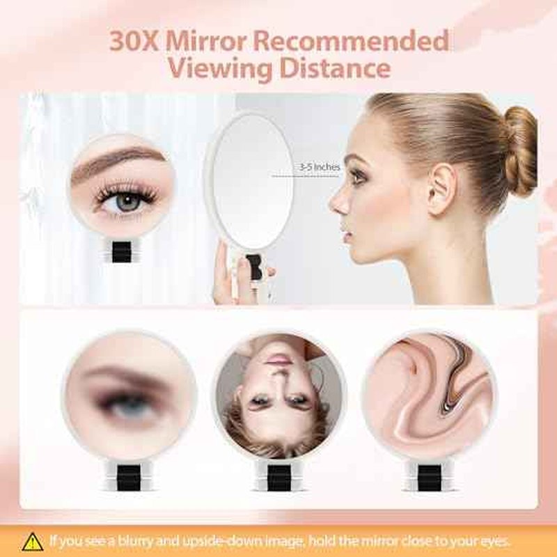 B Beauty Planet 30X Magnifying Mirror, Hand Mirror with Handle, Double Sided Hand Mirror with 30X/1X Magnification, Travel Essential Portable Foldable Makeup Mirror for Precision Makeup White