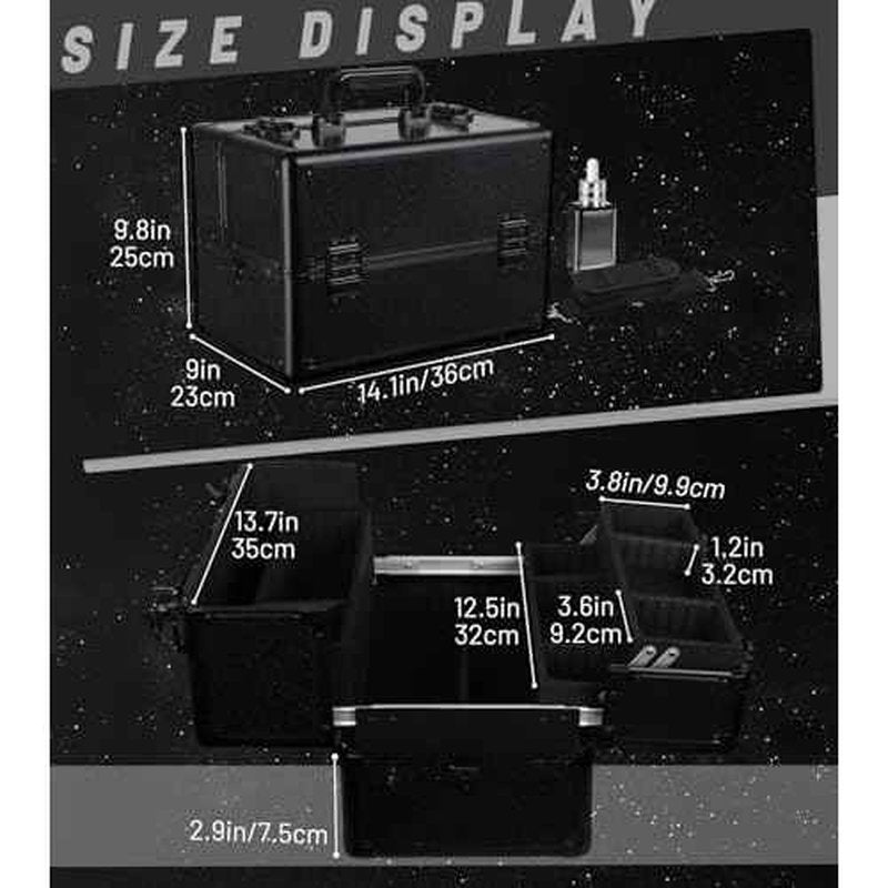 Large Makeup Train Case Cosmetic Organizer Case Makeup Box Portable Make Up Artist Travel Case with 4 Trays with Dividers Lockable Hard Train Case Nail Tech Supply Storage - Starry Black