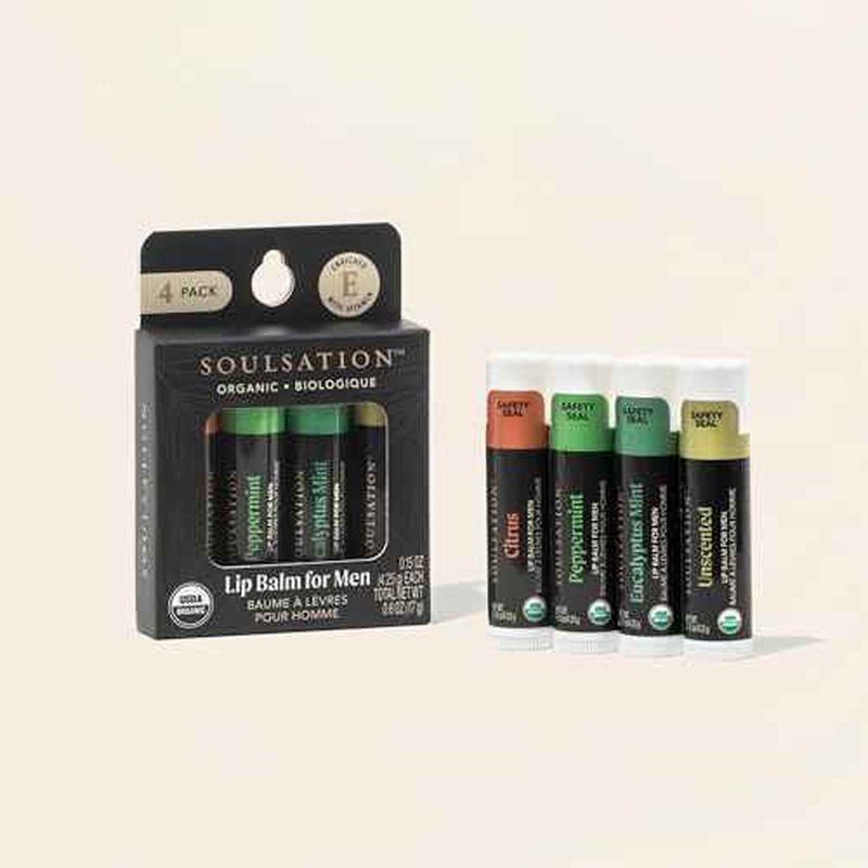 Organic Lip Balm Set for Men - 4 Flavors - 100% Natural Moisturizing for Cracked & Dry Lips