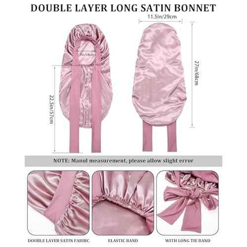 AWAYTR Long Hair Bonnet for Sleeping - Double Layer Long Elastic Tie Band Satin Bonnet for Women with Sleep Eye Mask (Rose Gold)