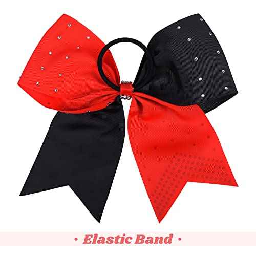 CEELGON Large Rhinestones Cheer Bows, 12 PCS Glitter 7" Cheer Bows Ponytail Holder for Cheerleaders Girls Hair Bows, Red/Black with Full Rhinestone