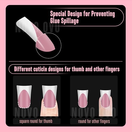 NOVO OVO French Tip Short Duck Nail Tips Press on, Pre-designed Soft Gel Nail Extension, BERRY PINK Pre-applied Tip Primer & Base Coat, Full Cover Matte Vrial False Nails for DIY x 12 Sizes 240 pcs