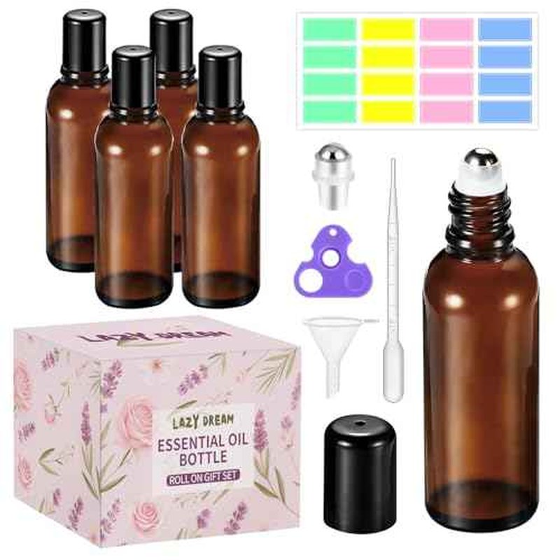 10ML Roller Bottles for Essential Oil, 4 Pack Empty Amber Glass Roller Bottle for Perfume Oil, Roll on Bottles with Stainless Steel Roller Balls, Opener, Funnel and Dropper for Aromatherapy, Massage