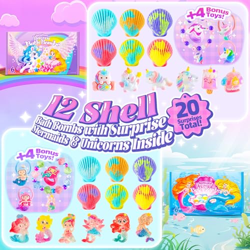 Shell Bath Bombs for Girls ? 12 Pack Child-Safe Aromatherapy Bath Bombs with 20 Surprise Toys Inside, 6 Fruity Scents in 2 Gift Boxes (Mermaid & Unicorn Themes), Christmas Gift for Kids