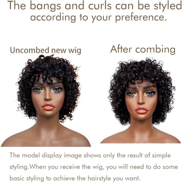 HairyFairy short curly wigs, 100% human hair wigs for black women, human hair wig with bangs glueless, machine made, no lace, light and comfortable (natural black, 12 inches)