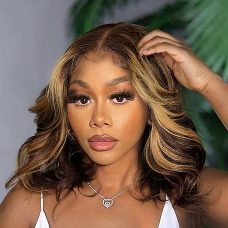 LuAiJa Ombre Brown Loose Wave Glueless Wigs Human Hair 9x6 Highlight Deep Wave Wear and Go Glueless Wigs Human Hair Pre Plucked Pre Cut 16 inch Blonde and Brown Lace Front Wig 200% Density