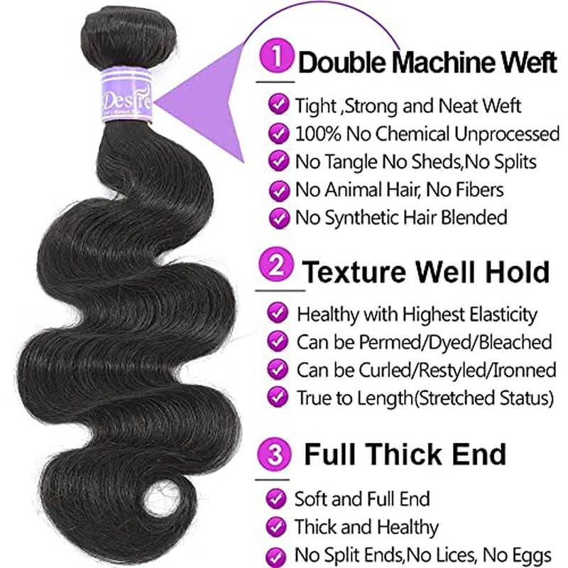 Hair 12A Brazilian Body Wave Bundles with Closure (10 12 14+10,Free Part) 100% Unprocessed Brazilian Virgin Human Hair Body Wave Bundles with Closure Natural Black Color