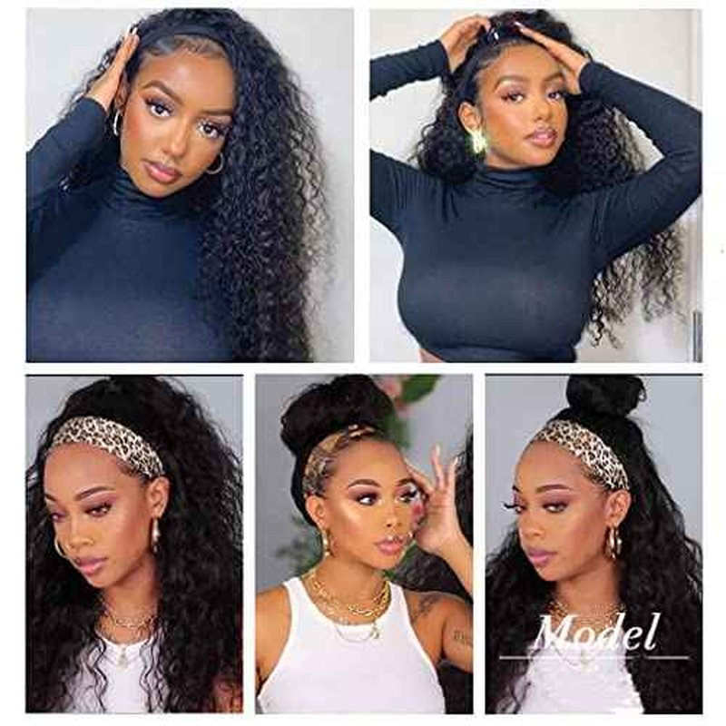 Deep Wave Headband Wig Human Hair Curly Headband Wigs for Black Women Human Hair 28 Inch Glueless None Lace Front Wig Brazilian Virgin Hair Wear and Go Wigs 150% Density Natural Black Color