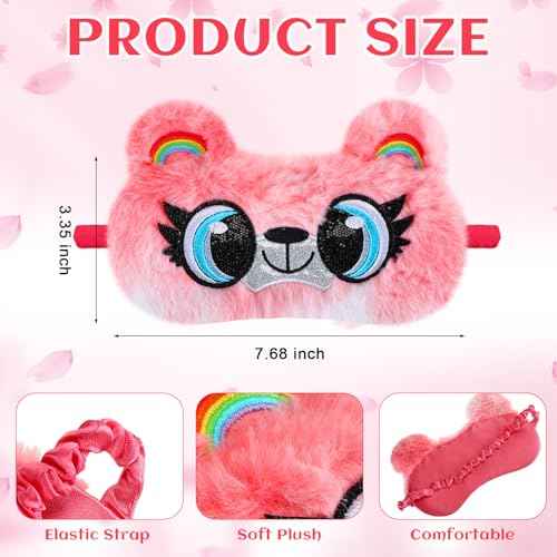 16 Pcs Sleepover Party Supplies 8 Animal Sleep Eye Masks 8 Bow Makeup Headbands Plush Sleeping Eye Mask for Christmas Gift Washing Face Makeup Shower Women