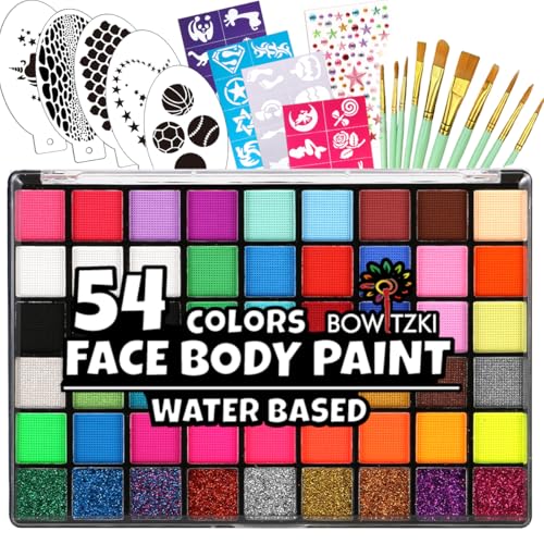 Bowitzki Face Paint Kit with 54 Colors, 8 sheets Stencils, 2 Glitters,10 Brushes, 1 Sheet Gems, Water Based Face Painting Kit, Safe Professional Halloween Party Makeup Set