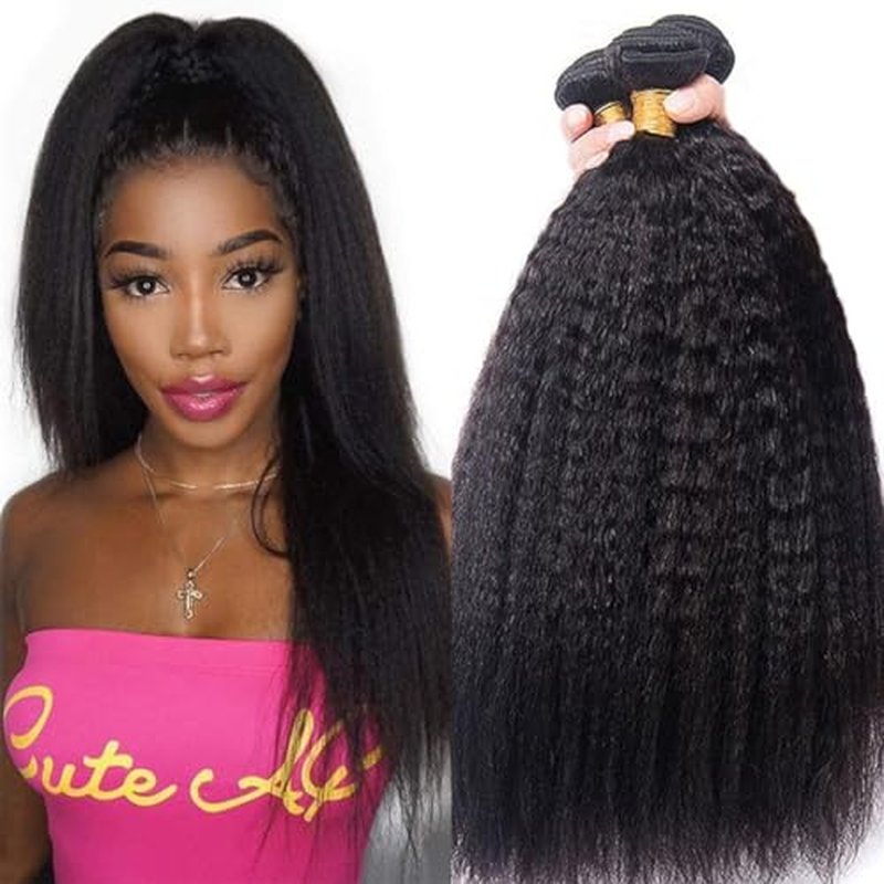 Hair Bundles 12A Yaki Kinky Straight Human Hair 1 Bundles 100% Unprocessed Mongolian Virgin Human Hair Weave Extensions Natural Color Single Bundles (28 inch)
