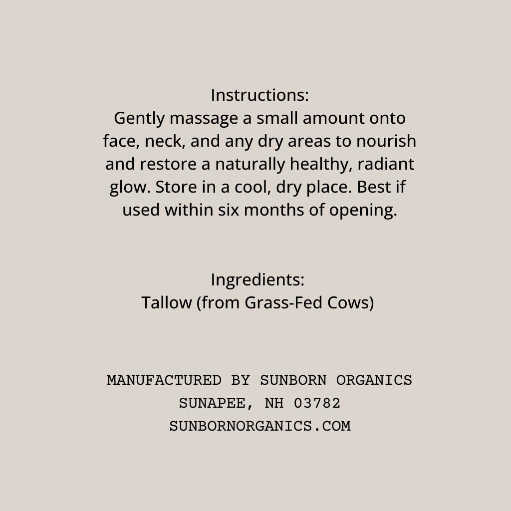 Sunborn Organics Pure Whipped Tallow Balm (Unscented) | 1 Ingredient | Handmade in USA | 100% Organic Grass-Fed Beef Tallow for Skin | Face Moisturizer for Dry Skin, Fragrance-Free, No Essential Oils