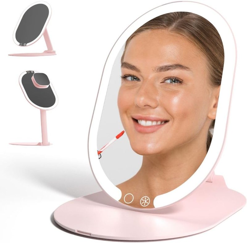 LED Portable Makeup Mirror - Rechargeable with 3 Color Light Settings & 10x Magnification | Ultra Slim Travel Vanity Mirror (Pink)