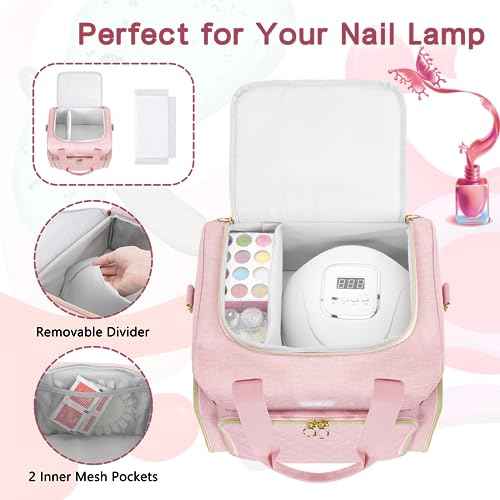 Nail Polish Organizer Holds 80 Bottles and a Nail Lamp,Nail Polish Carrying Case with 2 Removable Bags,Nail Organizers and Storage for Nail Tech,Portable Nail Polish Holder for Nail Supplies,Pink