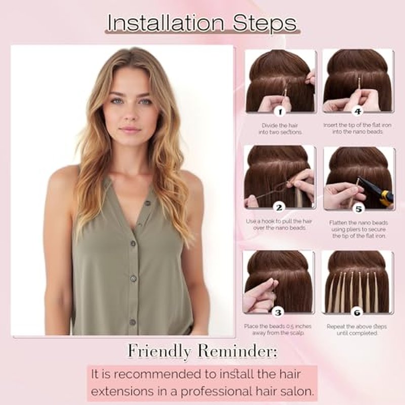SEGO Nano Bead Hair Extensions Human Hair, 1g/Stand, 50g/pack, Add Volume, Length, and Highlights, Nano Nano Ring Tip Hair Extensions for Women, 16 Inch, Light Brown