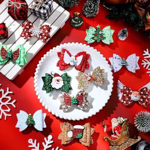 Riceshoot 18 Pcs Christmas Bow Clips Glitter Sequined Gold Silver Hair Pins Santa Snowflake Holiday Hair Accessories Xmas Tree Reindeer Bow Barrettes for Women Birthday Gifts