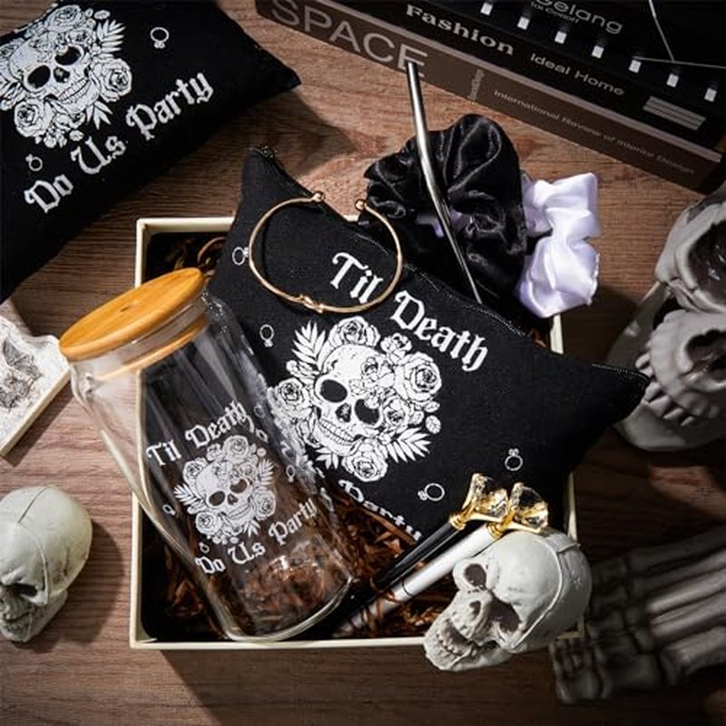 Hushee 30 Pcs Bride or Die Bachelorette Party Supplies Till Death Bridesmaids Gifts 16 oz Glass Cup Makeup Bag Scrunchy Knotted Bracelet Diamond Pen for Gothic Halloween Bridal Shower Wedding Supplies