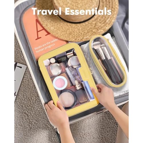 Travel Clear Makeup Bag with Makeup Brush Bag, Leather Makeup Case Toiletry Bag, Portable Cosmetic Bag Case, Transparent Waterproof Cosmetic Organizer Storage Bag for Women, Yellow