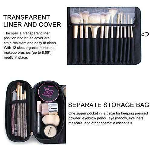 Makeup Brush Bag, Travel Makeup Brush Case Makeup Brush Holder Organizer Cosmetic Bag Portable Roll Up Brush Storage Bag for Makeup Brushes and Cosmetic Essentials (Black)